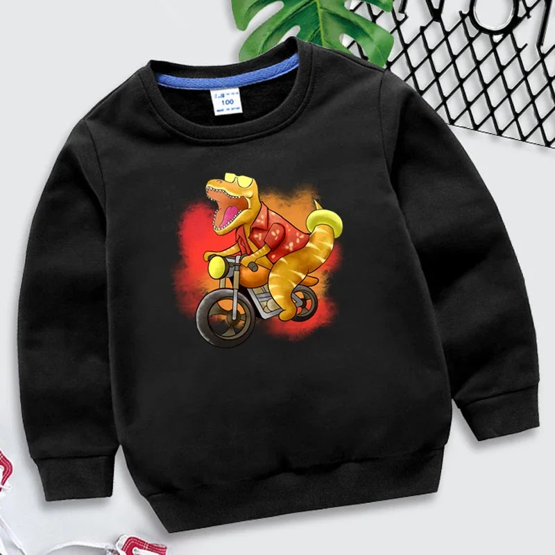 Trex Riding Motorcycle At Summer Graphic Kids Clothes Girls Fashion Manica Lunga Y2K Sudadera Kawaii Dinosaur Boys Felpe