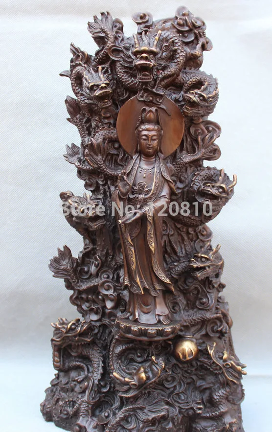 37 Cm15 "Buddismo Cinese Fengshui Bronze Guan Yin Kwan-Yin Goddess & 9 Dragon Statue
