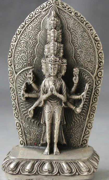 Decorazione Prese Di Fabbrica Bronzo Tibet Argento 5 "Buddismo Tibetano D'Argento Del Basamento 1000 Arms Avalokiteshvara Di Goddess Statue