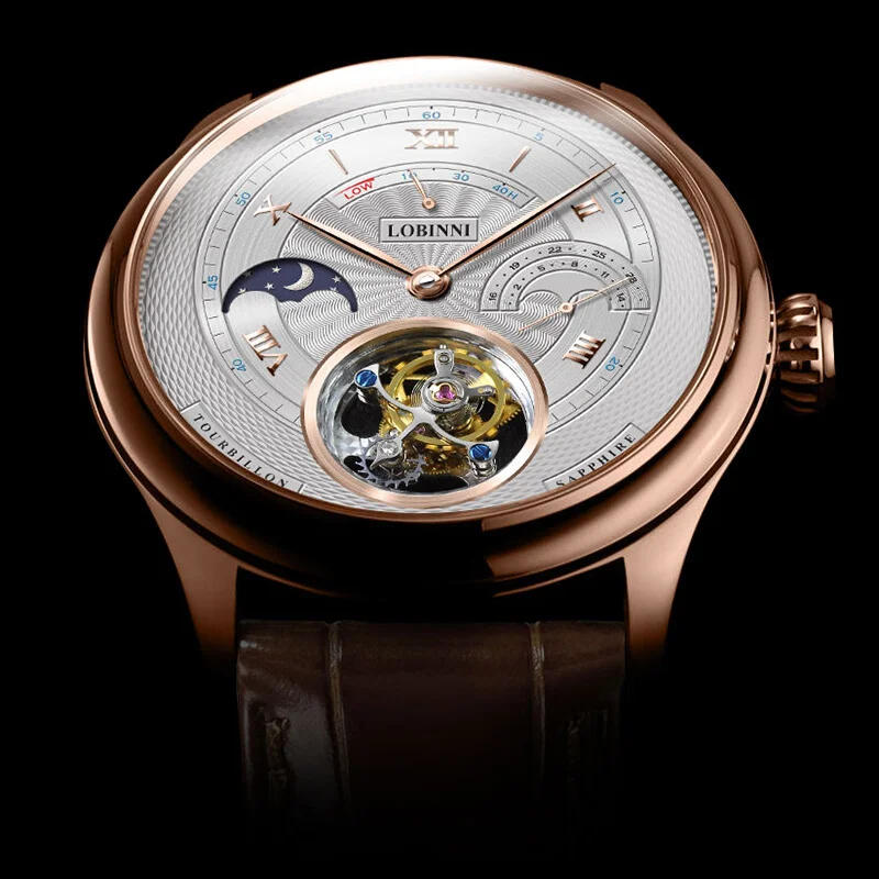 Lobinni Luxury Brand Svizzera Seagull St8007G Tourbillon Orologi Meccanici Automatici Da Uomo Orologio Zaffiro Fasi Lunari L8886-8