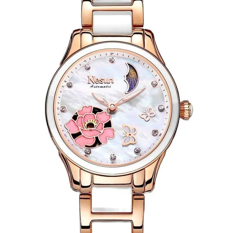 Svizzera Nesun Luxury Brand Orologi Meccanici Automatici Da Donna Impermeabile Moon Phase Diamond Luminous Skeleton Clock N9073