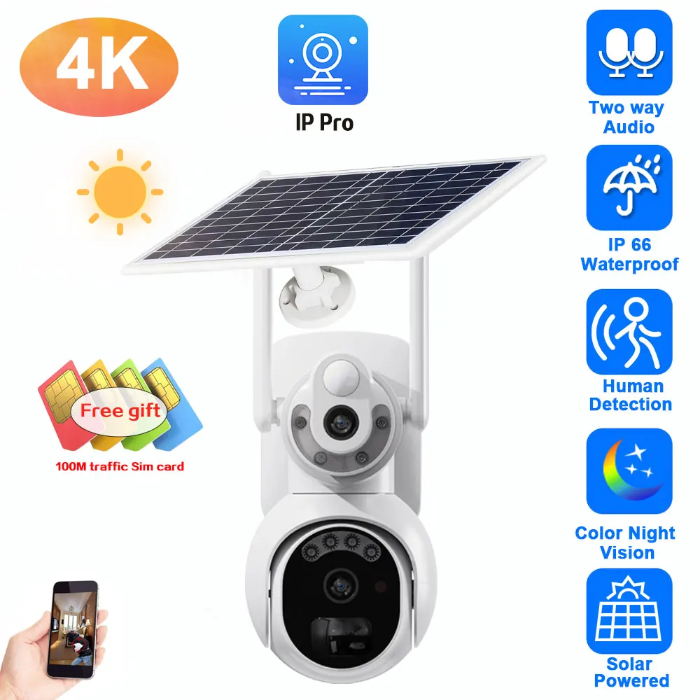 4K Dual Lens 4G Sim Camera Pannello Solare Outdoor Low Powered Cam Color Night Vision Pir Alarm Audio Bidirezionale Telecamera Ip Cctv Solare