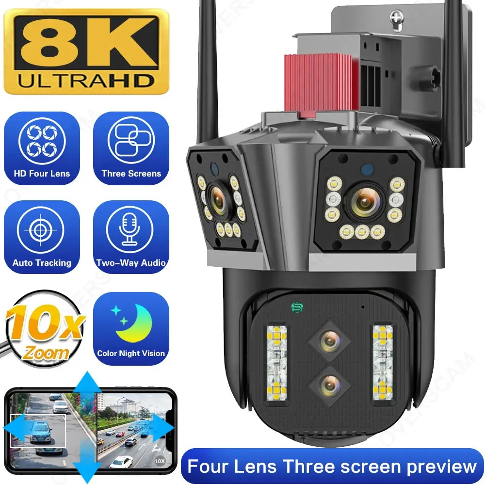 Telecamera Ip 16Mp 8K Zoom 10X Outdoor Quattro Lenti Telecamera Ptz Wifi A Tre Schermi Protezione Di Sicurezza Cctv Color Night Vision Cam 4K