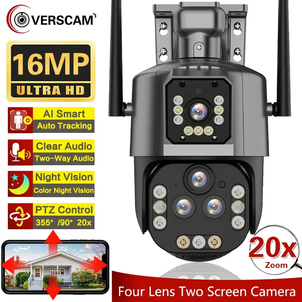 Telecamera Ip Wifi 16Mp 8K Zoom 20X Telecamera Di Sicurezza Wireless Esterna 4K Quattro Obiettivi Ptz Cam Smart Home Cctv Telecamere Di Sorveglianza W