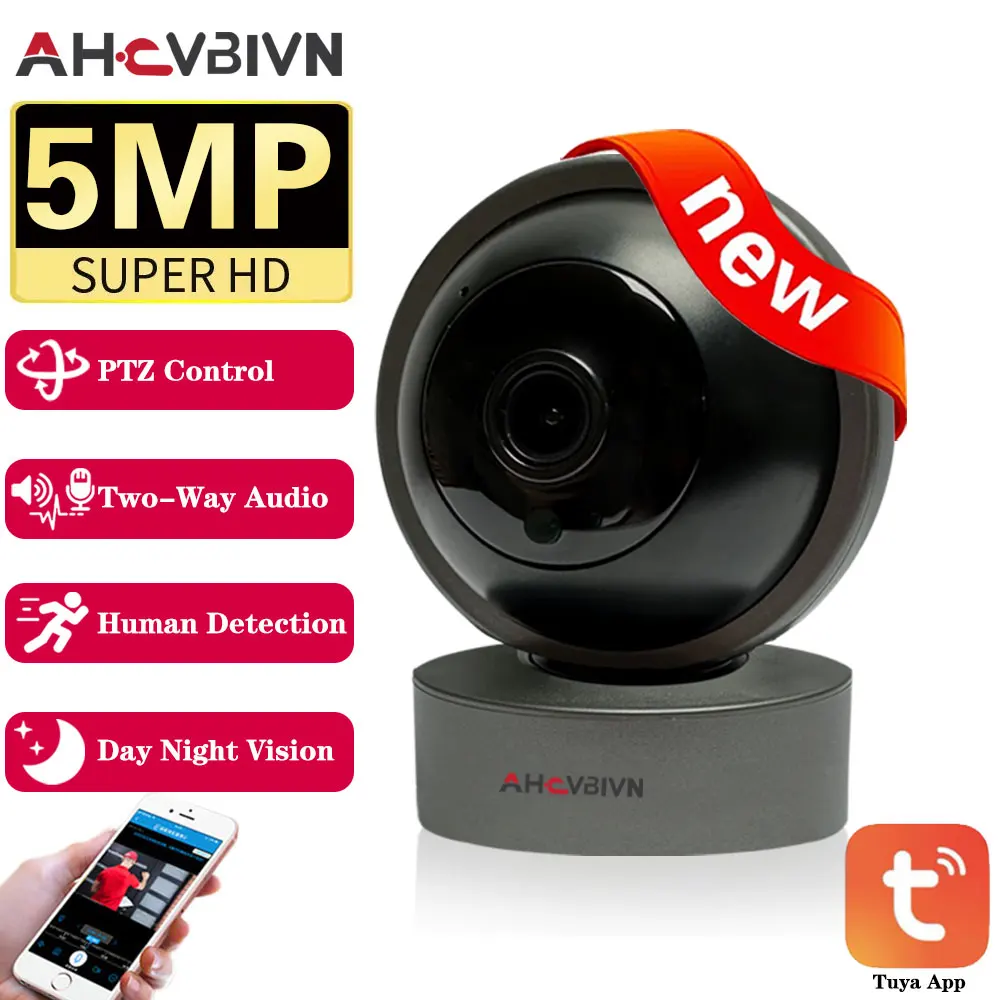 5Mp Nero Tuya Smart Life Indoor Wifi Ptz Camera Home Security Mini 2K Cam Wireless Baby Monitor Ip Cctv Audio Bidirezionale Rilevamento Ai