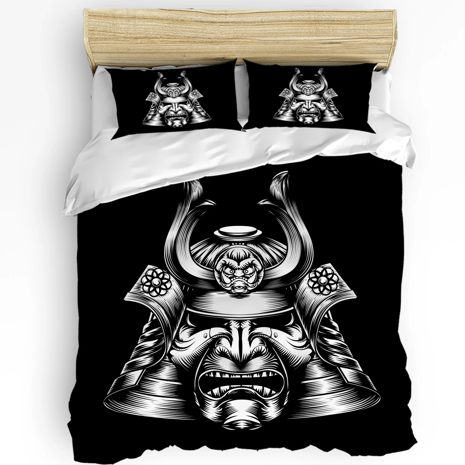 Japanese Samurai Helmet Black Bedding Set 3Pcs Duvet Cover Pillowcase Kids Adult Quilt Cover Double Bed Set Home Textile