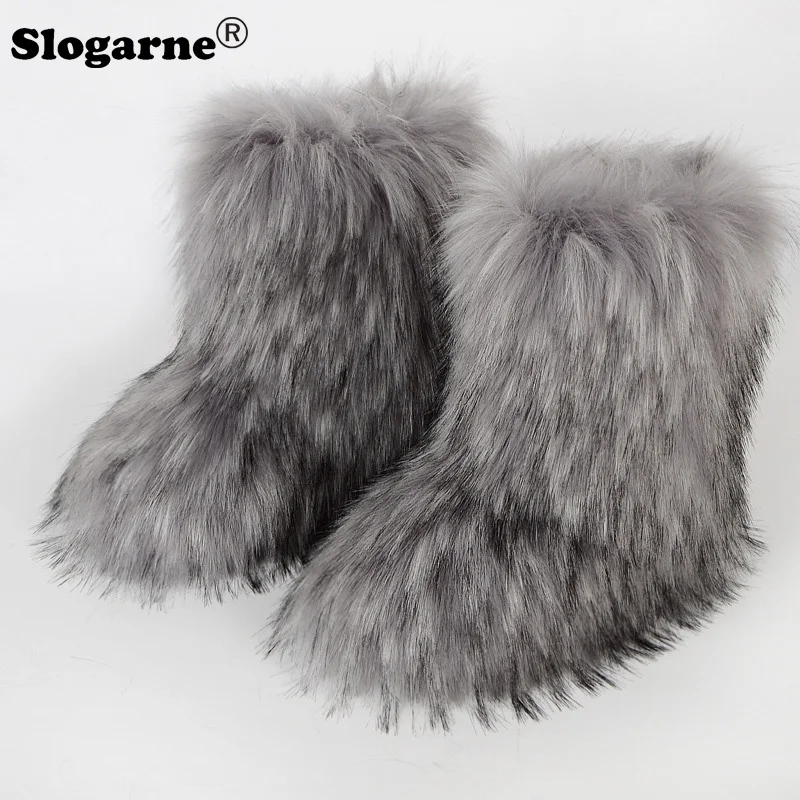 2024 Fluffy Faux Fur Boots Donna Stivali Da Neve In Pelliccia Di Procione Peluche Di Lusso Scarpe Calde Ragazze Furry Fox Fur Bottes Platform Scarpe I