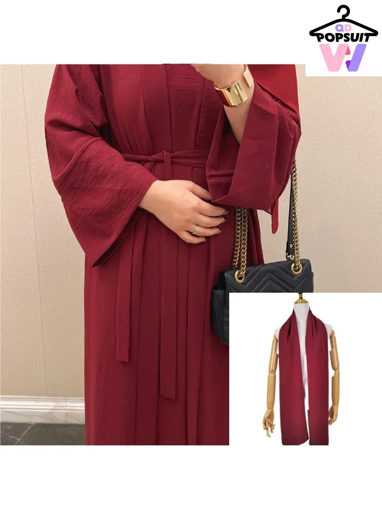 Nuovo In Abiti Da Donna Con Sciarpa 2 Pezzi Abaya Muslim Set Ice Silk Crepe Fabric Lace Up Pocket Belt Robe Caftani Suit Abbigliamento