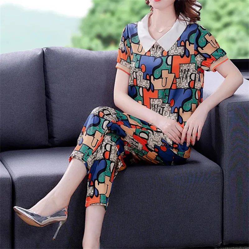 6Xl Women Pants 2-Piece Set 2022 Female Summer Suit Middle-Aged Mom Imitation Ice Silk Printing Set Loose Casual Fashion Suit