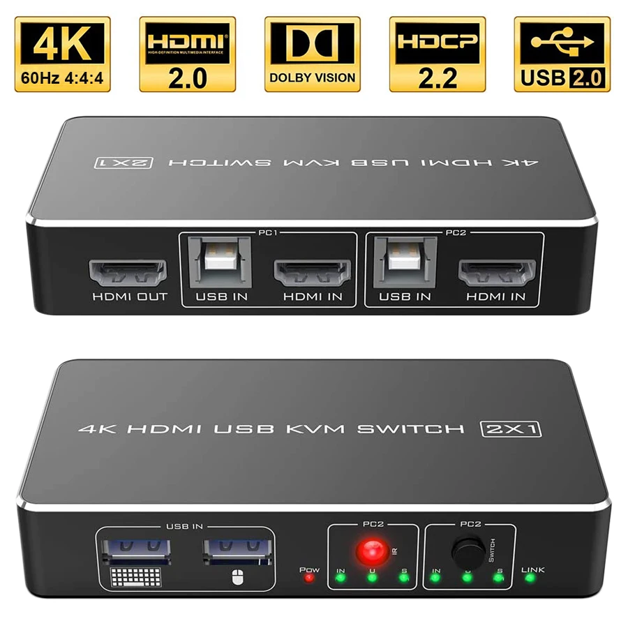 2024 4K 60Hz Kvm Switch Hdmi 2 Porte Hdmi Kvm Switch Usb Pc Computer Kvm Switch Tastiera Mouse Switcher Box Per Laptop,Ps4,Xbox