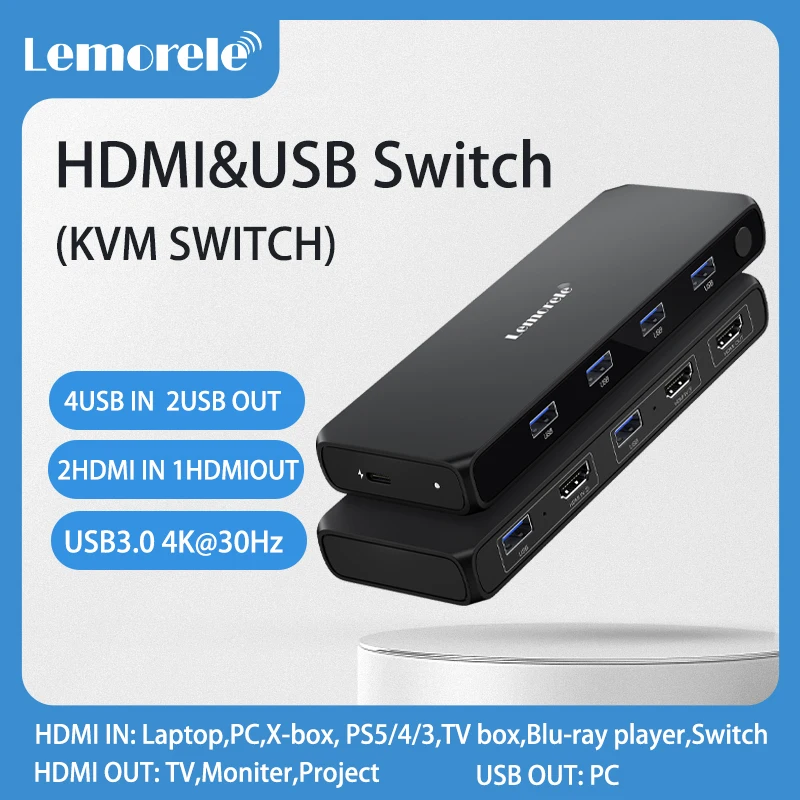 Lemorele Hdmi Switch Usb Switch 4K Hdmi Usb3.0 Switcher Selector Box 5 In 1 Out Con Telecomando Ir Hdr Hdcp2.3 Per Xbox Ps4 Pc Tv