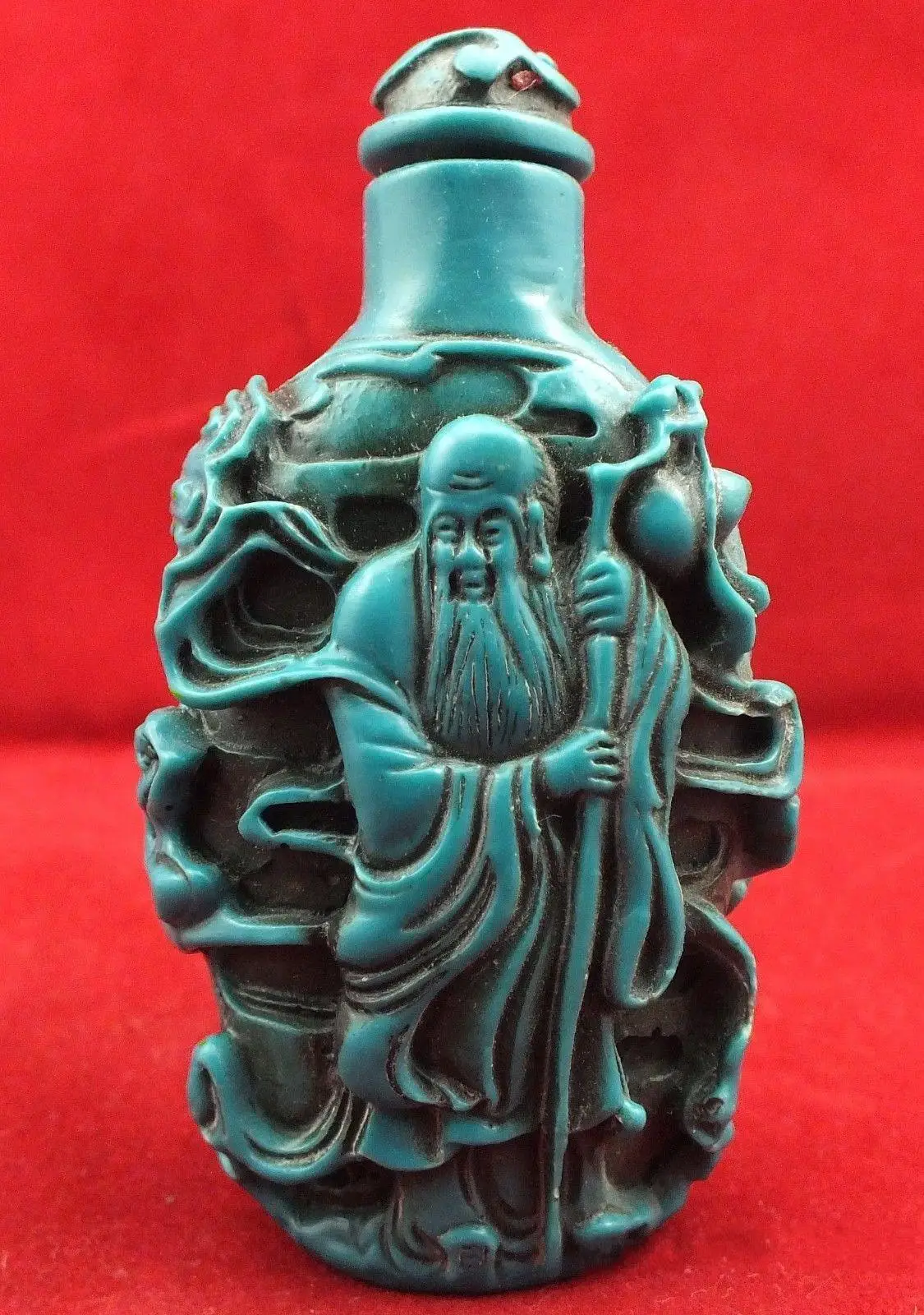Bottiglia Da Collezione Rara Vintage Orientale Intagliata Turchese Longevità Old Man Shou Star Blue Snuff Bottle