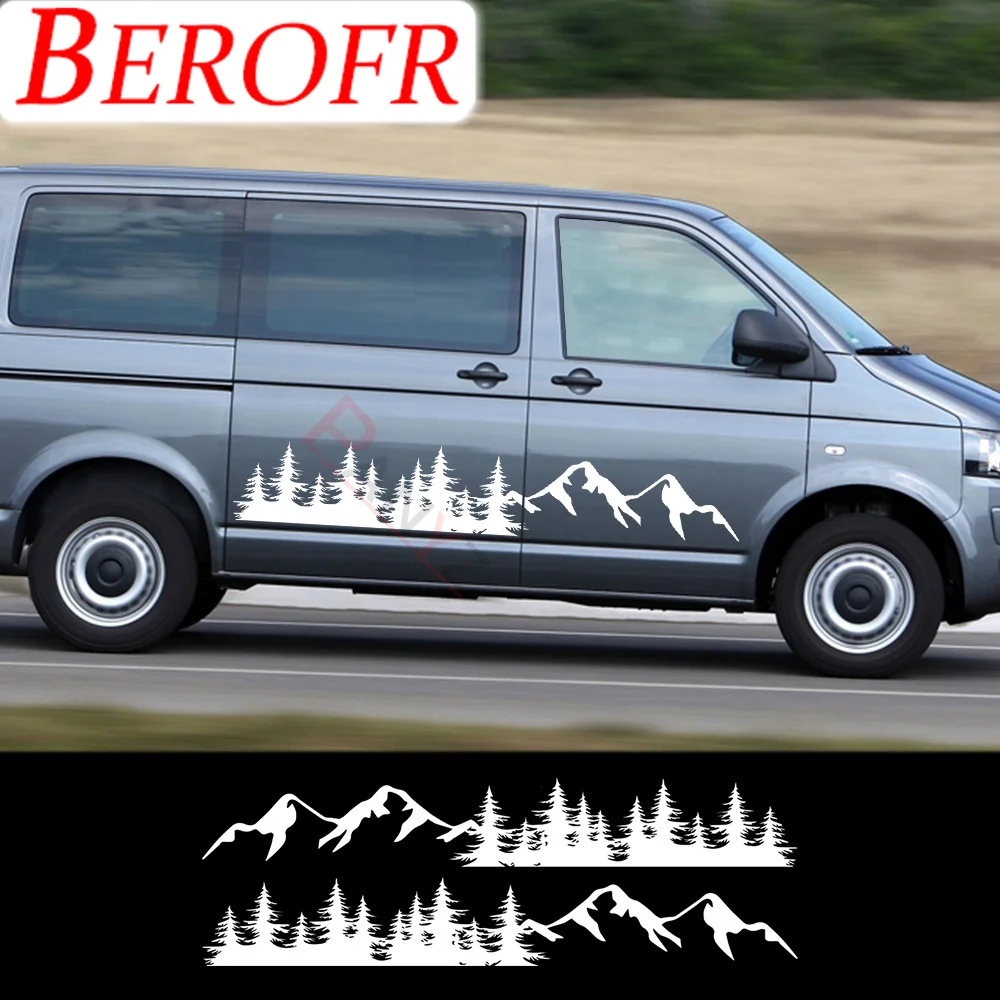2Pcs Auto Tree Mountain Decal Forest Car Door Side Stickers Per Volkswagen Vw Multivan Transporter T5 T6 Accessori Auto