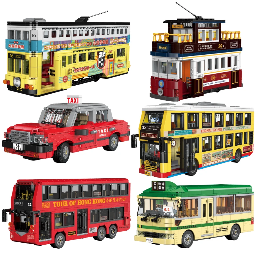 Classico Stile Hong Kong Autobus A Due Piani Modello Retrò Building Block Moc City Car Toys Taxi Antico Tram Puzzle Brick Regali Per Bambini