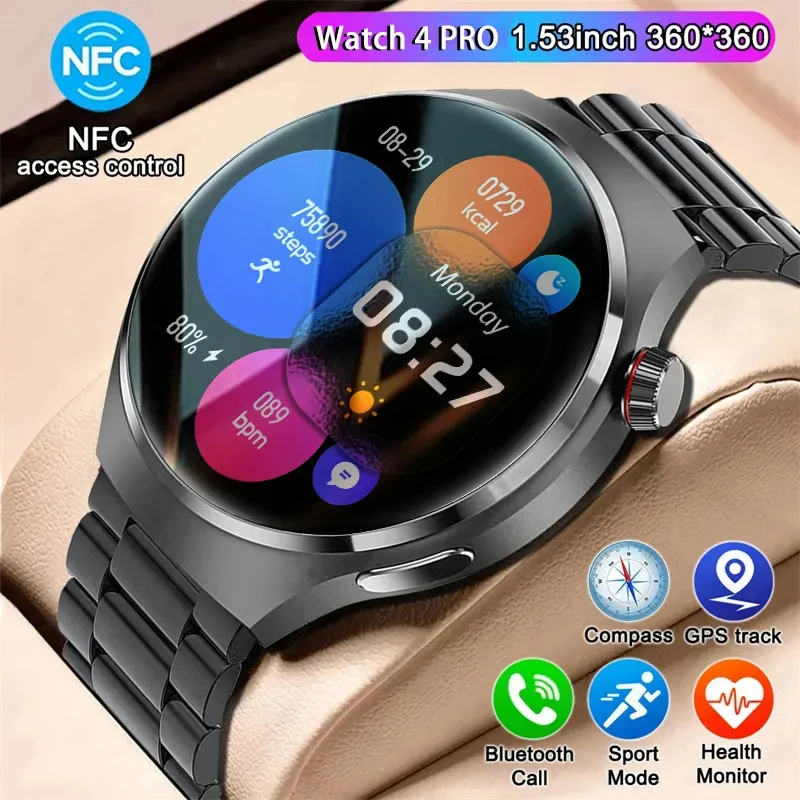 2023 Nfc Blood Sugar Smart Watch Men Gt4 Pro Amoled 360*360 Hd Screen Altitude Bluetooth Call Compass Gps Motion Tracking Watch