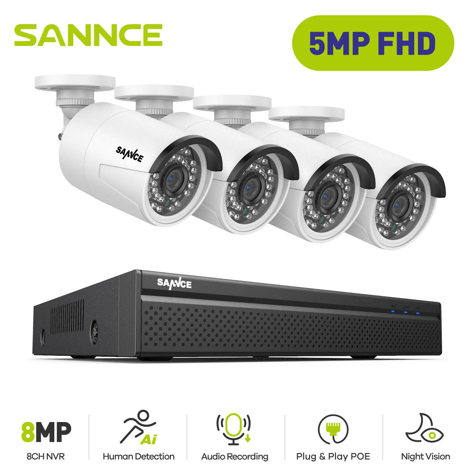 Sannce 8Ch 5Mp Hd Poe Sistema Di Telecamere Di Sorveglianza Di Sicurezza Video 4Pcs 5Mp Telecamere Ip Sistema Nvr Cctv Domestico Resistente Alle Intem