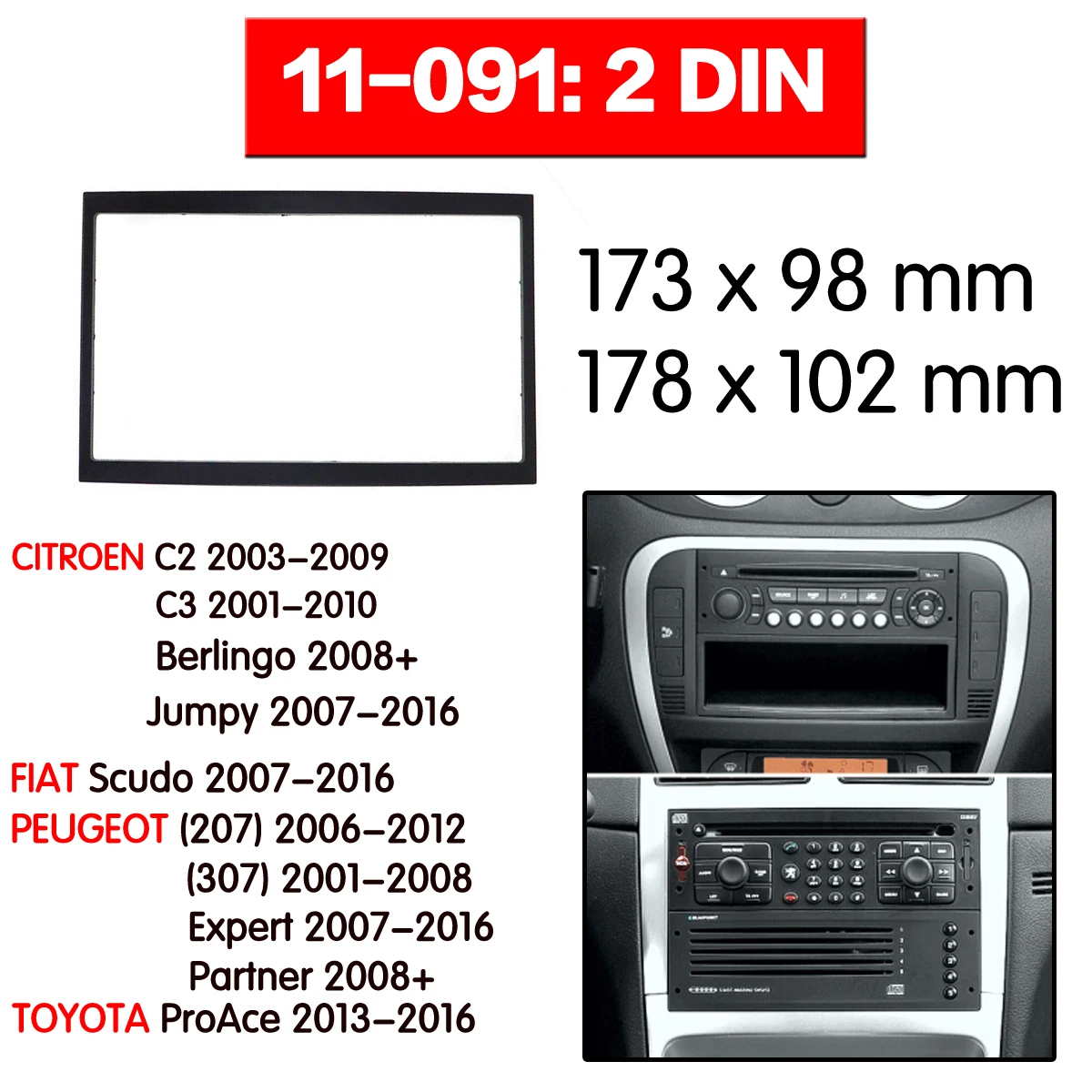 Car Radio Frame Audio Fascia Per Citroen C2 C3 Berlingo 2008 + Jumpy Fiat Scudo 2007 + Car Stereo Radio Fascia Panel Adapter