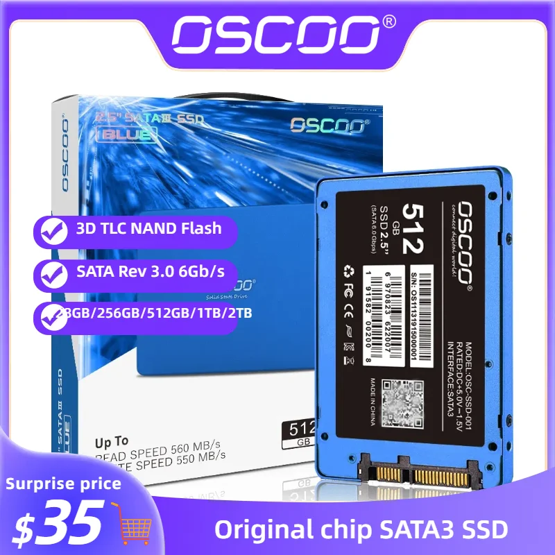 Oscoo Ssd Sata Da 2.5 Pollici 2Tb 1Tb 512Gb Disco Rigido Serie Blu 6 Gb/S Sata Ssd 3D Tlc Nand Flash Disco Rigido Interno Da 560 Mb/S
