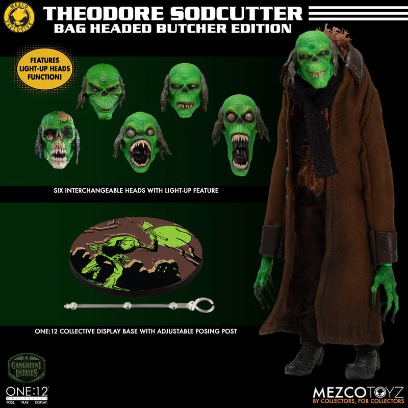 In Magazzino Originale Mezco Toyz One:12 Collective Gangreene Estates Theodore Sodcutter Bag Headed Butcher Action Figures Toys