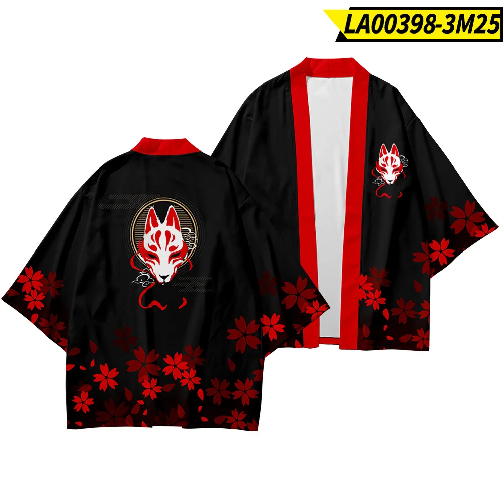 Plus Size Xs-6Xl Black Fox Printing Stile Giapponese Fashion Kimono Pant Uomo Donna Cardigan Camicetta Haori Obi Asian Clothes