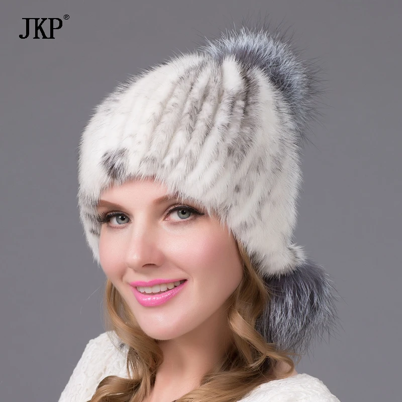 Jkp Donne Vera Pelliccia Di Visone Naturale Moda Cappelli Inverno Argento Volpe Berretto Russo Con Fiocchi Di Sale Pom Elegante 2022 Nuovo