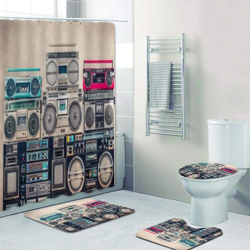 Tenda Da Doccia Retrò Old School Boombox Set Divertente Ghetto Blaster Music Tenda Da Bagno Musicale Per Tappeto Da Bagno Cassetta Per Decorazioni Per