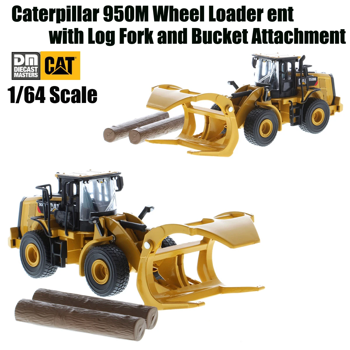 Pala Gommata In Scala Dm 1/64 Cat 950M Con Forca Per Tronchi E Attacco Benna Di Dm Diecast Master #85635 Toys Truck