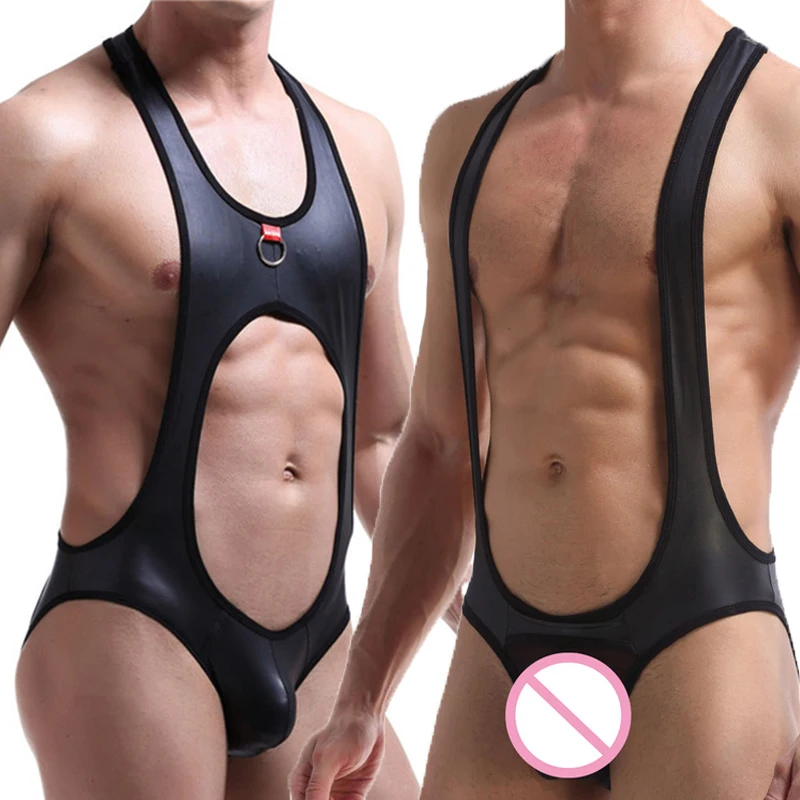 Intimo Uomo Sexy Sospensorio Tute In Pelle Pu Lingerie Backless Crothless Intimo Gay Wrestling Canottiera Body In Lattice