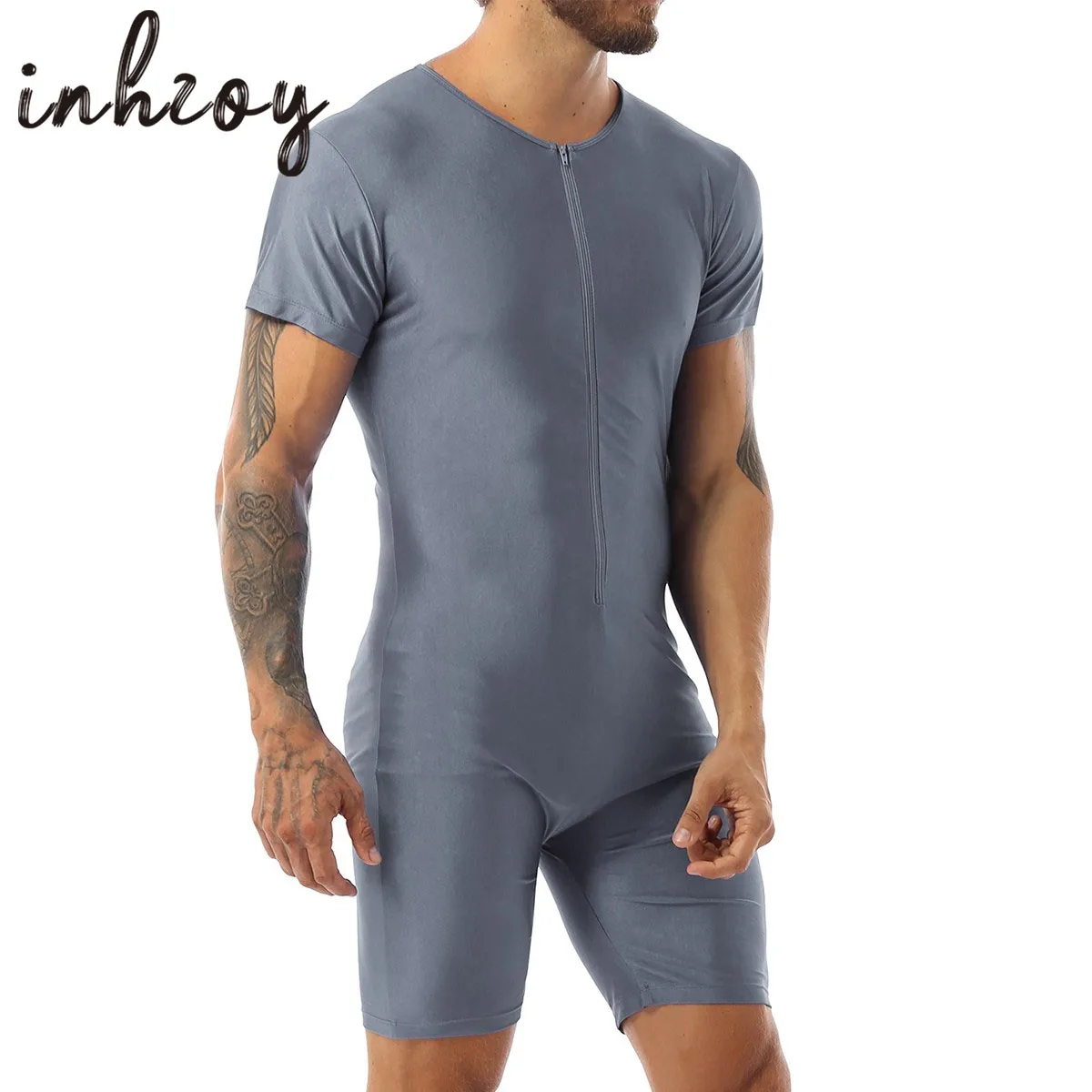 Mens Spandex Zipper Front Body Workout Fitness Dance Biketard Unitard Wrestling Canotta Tuta Costume Intero Costumi Da Bagno