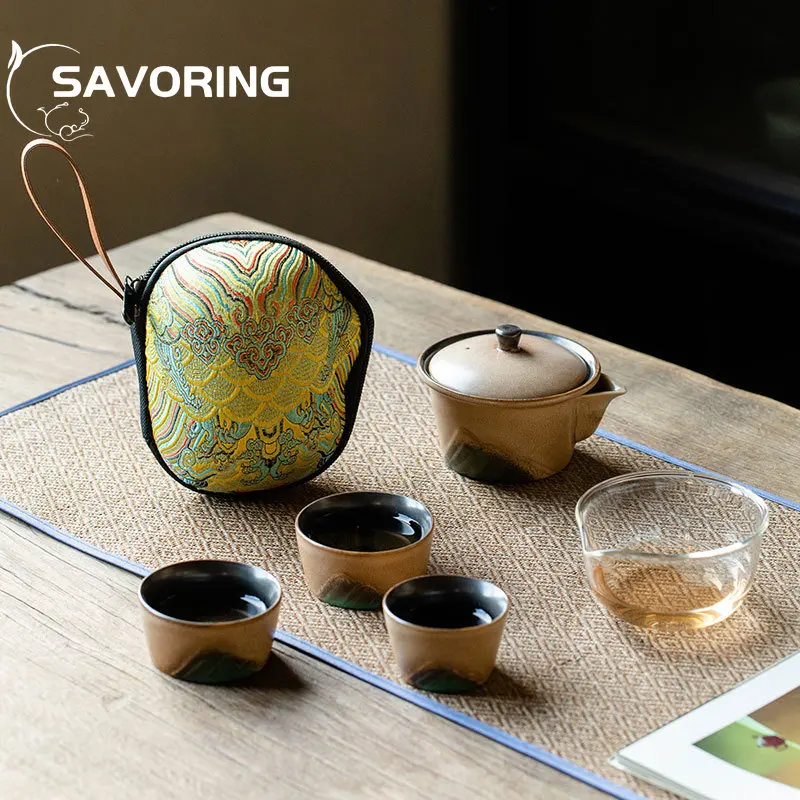Portable Kiln Change Ceramic Kung Fu Tea Set Retro Green Hill Tea Cup Teaset Outdoor Camping Teiera 1 Pentola 3 Tazze Teaware Gift