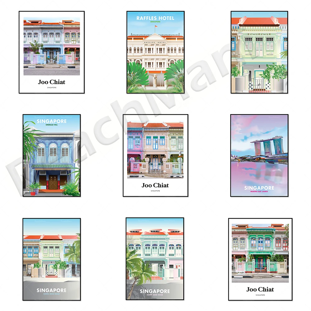 Singapore Green Joo Chiat Prints, Marina Bay Sands Pink Sunset, Emerald Hill, Shophouses Colorate, Pos Fotografico Da Viaggio Asiatico