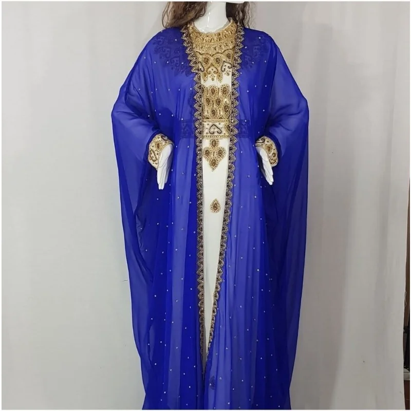 Royal Blue Caftans Farasha Abaya Dubai Marocco Vestito Molto Operato Tendenza Moda Europea E Americana