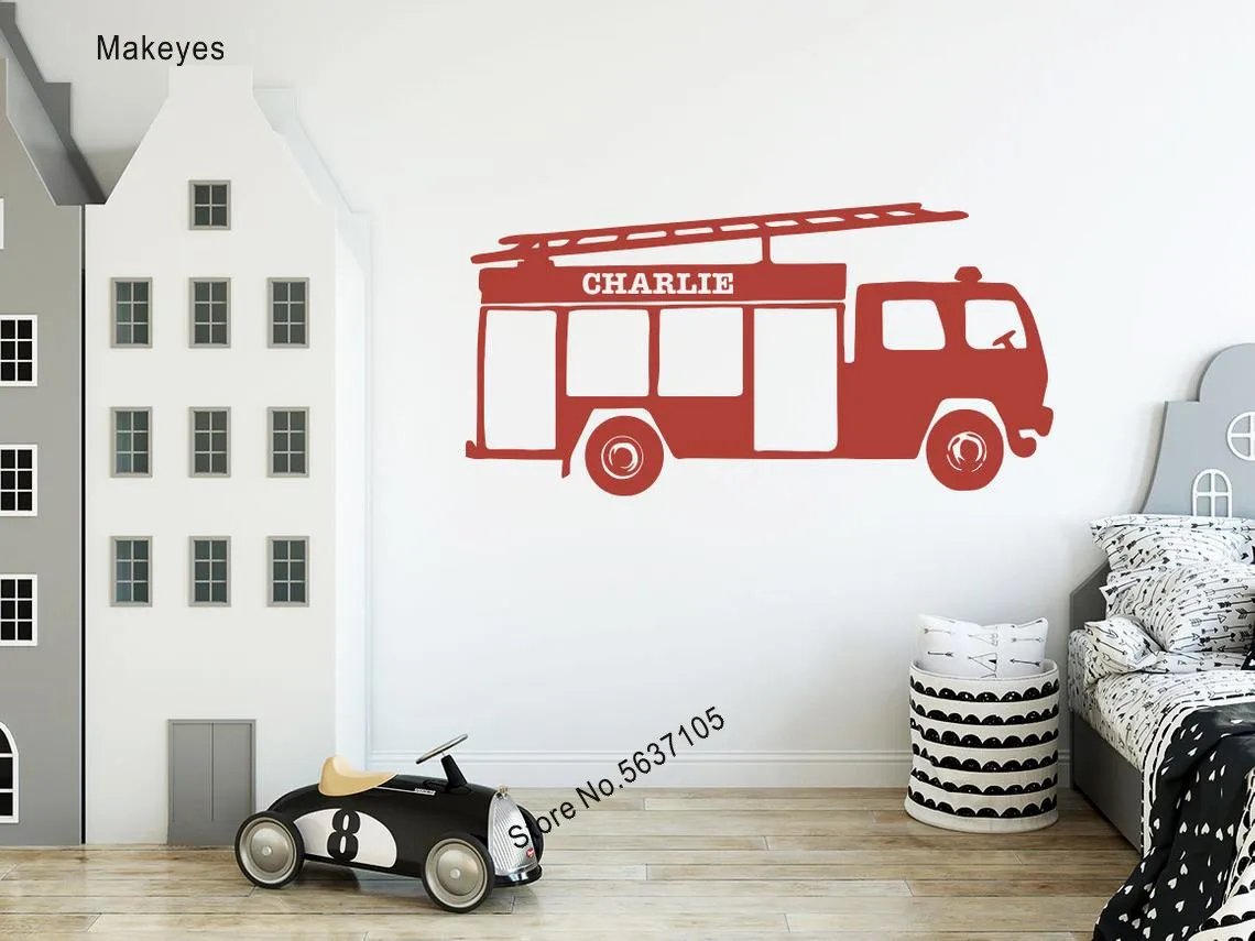 Makeyes Fire Truck Adesivi Murali Nomi Personalizzati Adesivo Murale Fire Station Design In Vinile Adesivo Murale Camera Dei Bambini Nursery Decor Q69