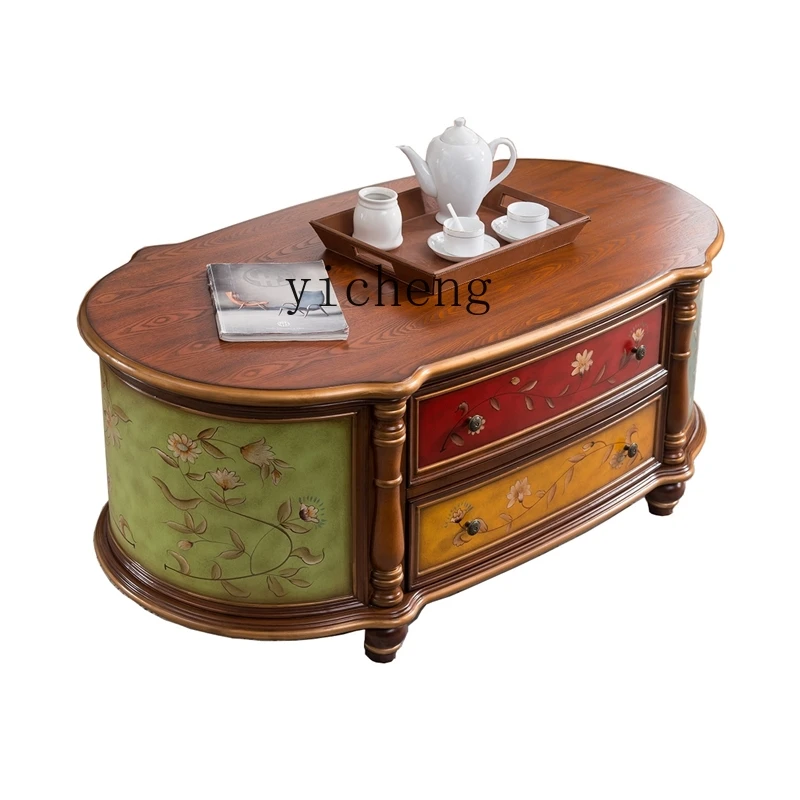 Yy European Coffee Table Mobile Tv Americano Ovale In Legno Massello Mobile Da Pavimento Vintage Verniciato Intagliato