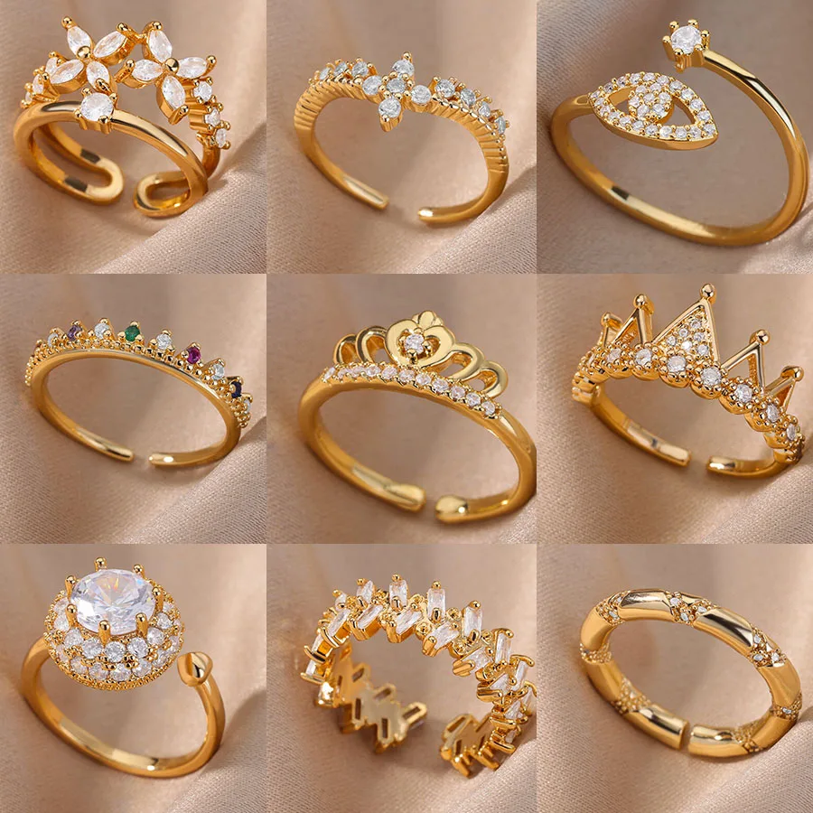 Anelli Geometrici Vintage Elegante Zircone Aperto Princess Crown Cross Eye Knuckle Finger Ring Goth Compleanno Gioielli Da Sposa Regalo Bague