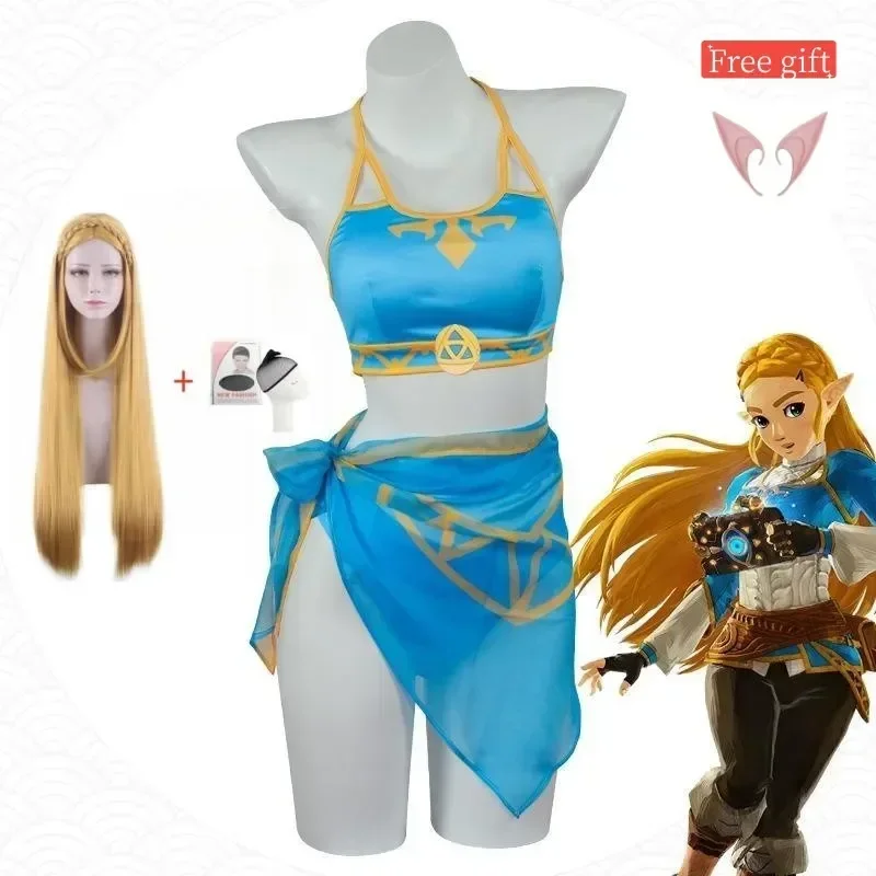 Cosplay Princess Zelda Costume Da Bagno Summer Swimwear Zelda Costume Da Bagno Sexy Cosplay Zelda Ears Parrucca Dritta Dorata Soft Blue Bikini Set