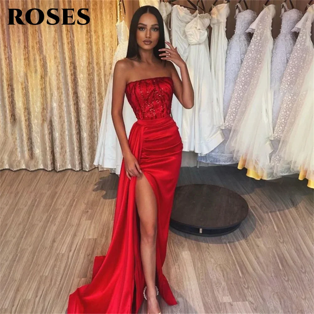 Rose Red Prom Dresses Tromba Con Paillettes 프