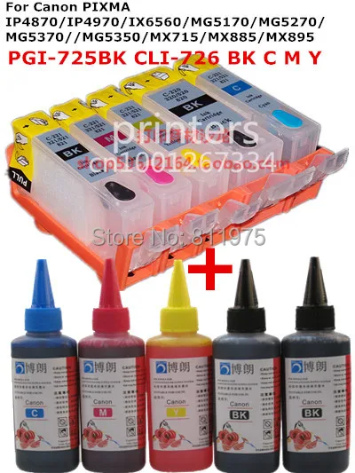 Per Canon Pixma Ip4870 Ip4970 Ix6560 Mg5170 Mg5270 Mg5370 Pgi-725 Cartuccia Di Inchiostro Ricaricabile + 5 Inchiostro Colorante 100Ml Ogni Bottiglia