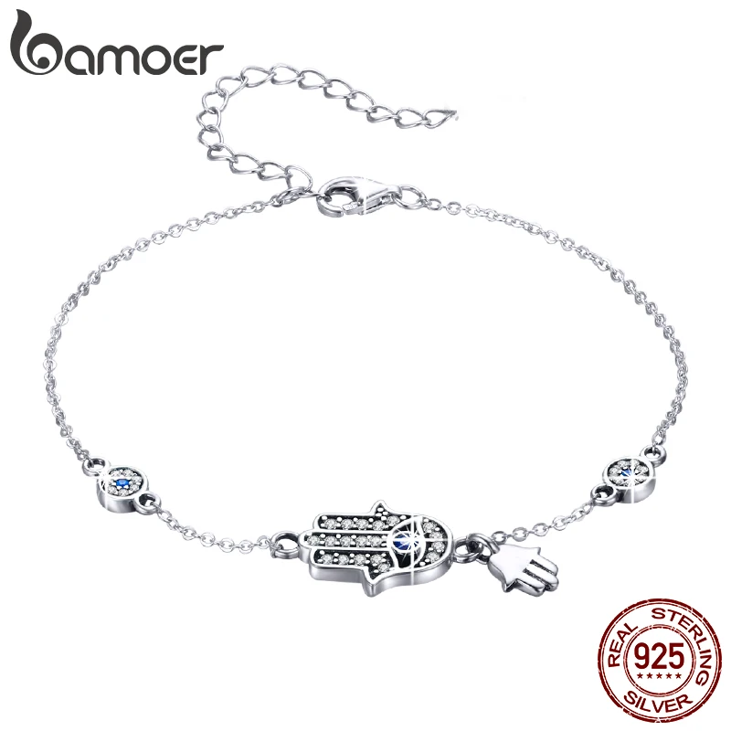 Bamoer 925 Sterling Silver Fatima Hand Lucky Chain Link Bracciale Blue Evil Eye Lobster Clasp Bracciale Regolabile Hamsa Chain