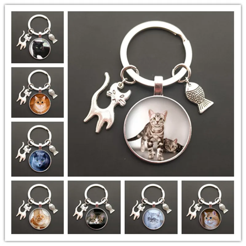 Lovely Big Eyes Cat Keychain,Animal Cat Jewelry Keychain Car Keychain,Pet Cats Glass Art Picture Dome Regalo Gioielli Fatti A Mano Fai-Da-Te