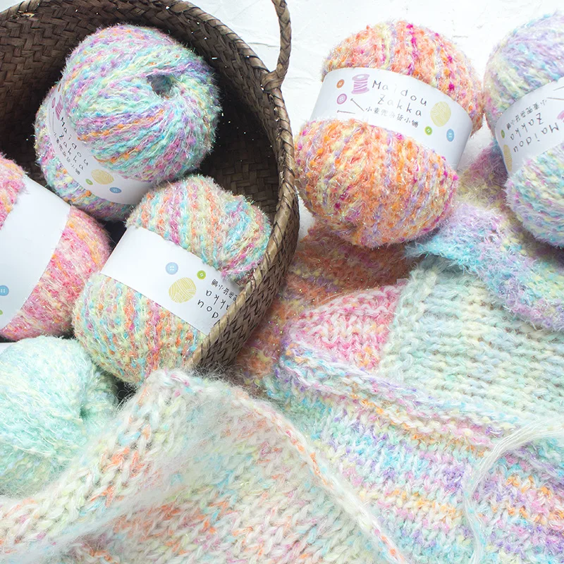 Lovely Candy Color Segment Dyed Flash Silk Doudou Hand Mixed Thread Ball Thread Wiring Hook Woven Bag Diy Hand Doll Wool