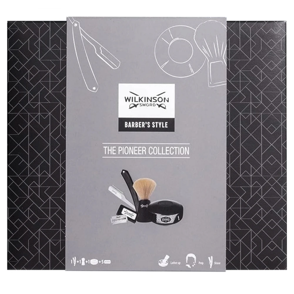 Wilkinson Sword Barber Style The Pioneer Collection, Rasoio Dritto, Lame Di Rasoio, Pennello Da Barba-Set Di Sapone-Regalo Per Uomo
