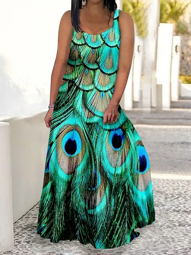 2023 Beach Sun Dresses Donna Senza Maniche Summer Fashion Stampato Boho Maxi Abito Lungo Allentato Casual Plus Size Maxi Dress Lungo