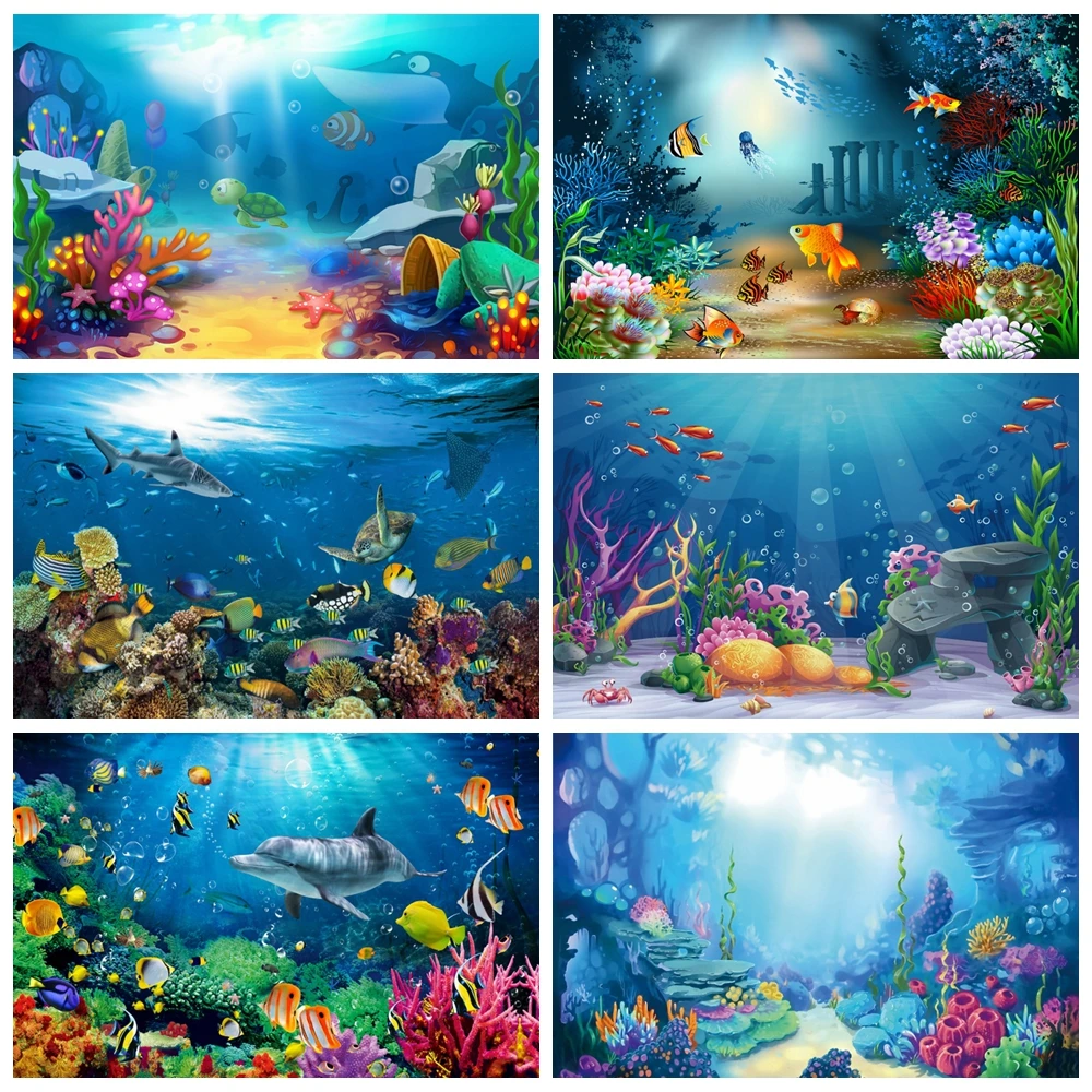 Underwater World Photography Fondale Ocean Undersea Fish Coral Aquarium Fish Tank Decor Baby Portrait Background Photo Studio