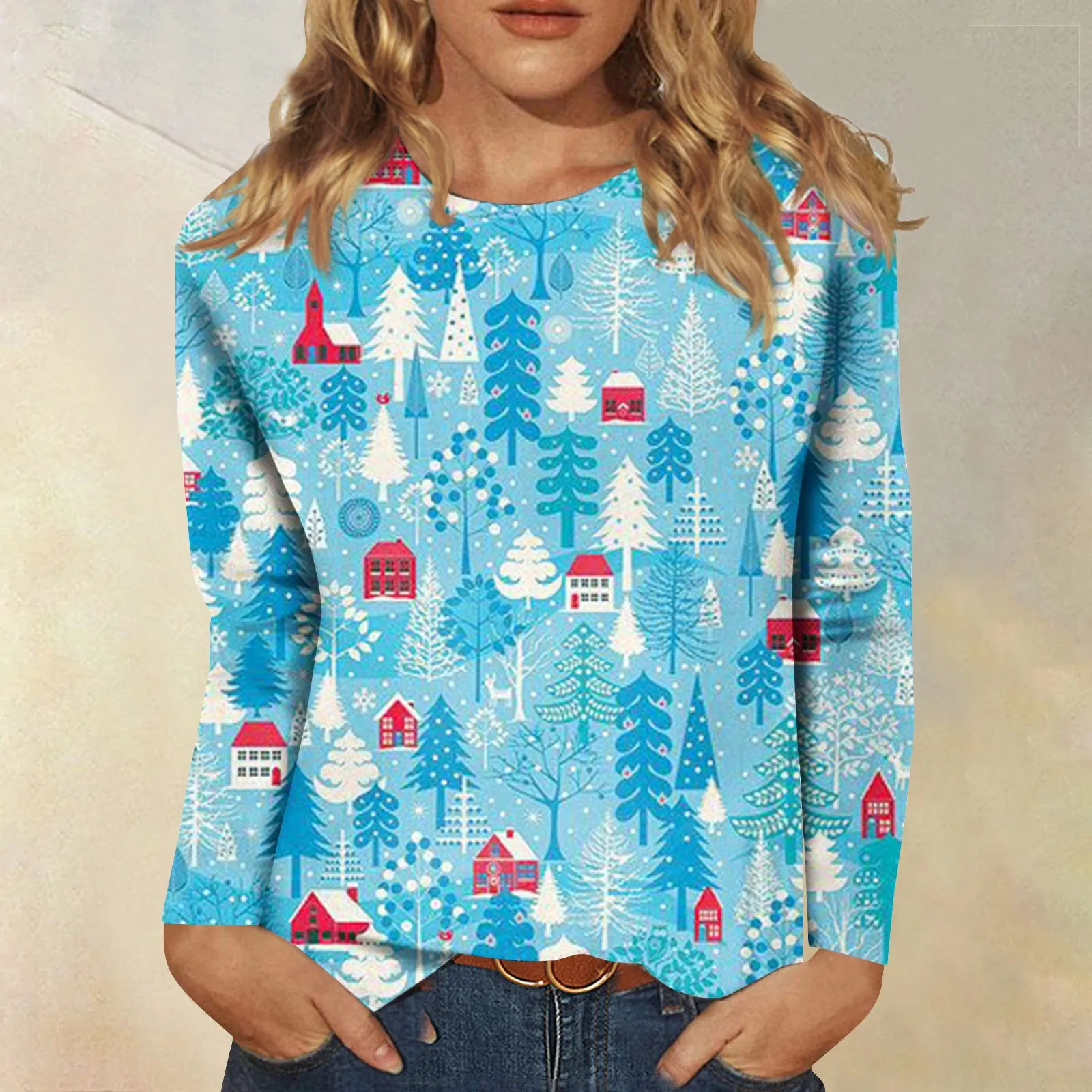 Camicetta Da Donna Popolare Girocollo Skin-Touch Christmas Top Christmas Snowman Snowflake Print Magliette Autunnali Top Ropa De Mujer