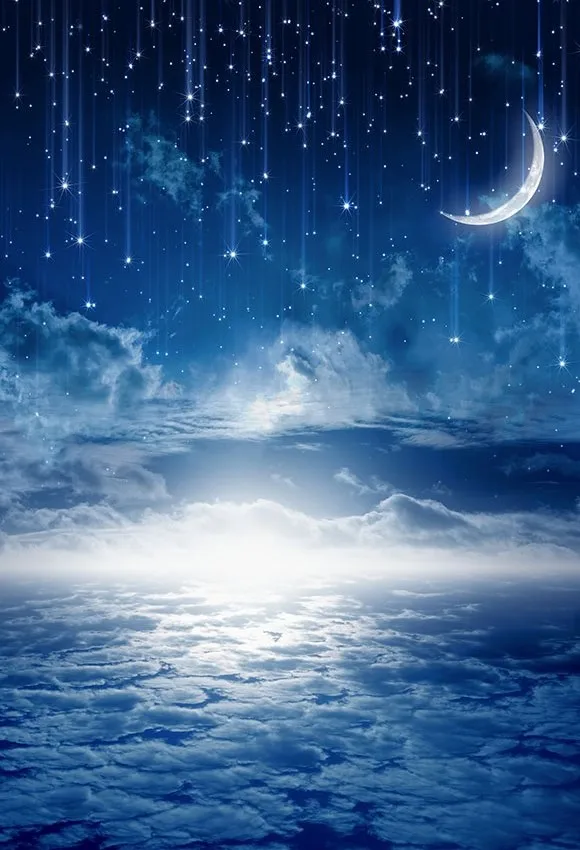 5 X7Ft Quiet Blue Sky Moon Stars Bellissime Nuvole Shining Horizon Custom Photo Studio Sfondo Vinile 220Cm X 150Cm