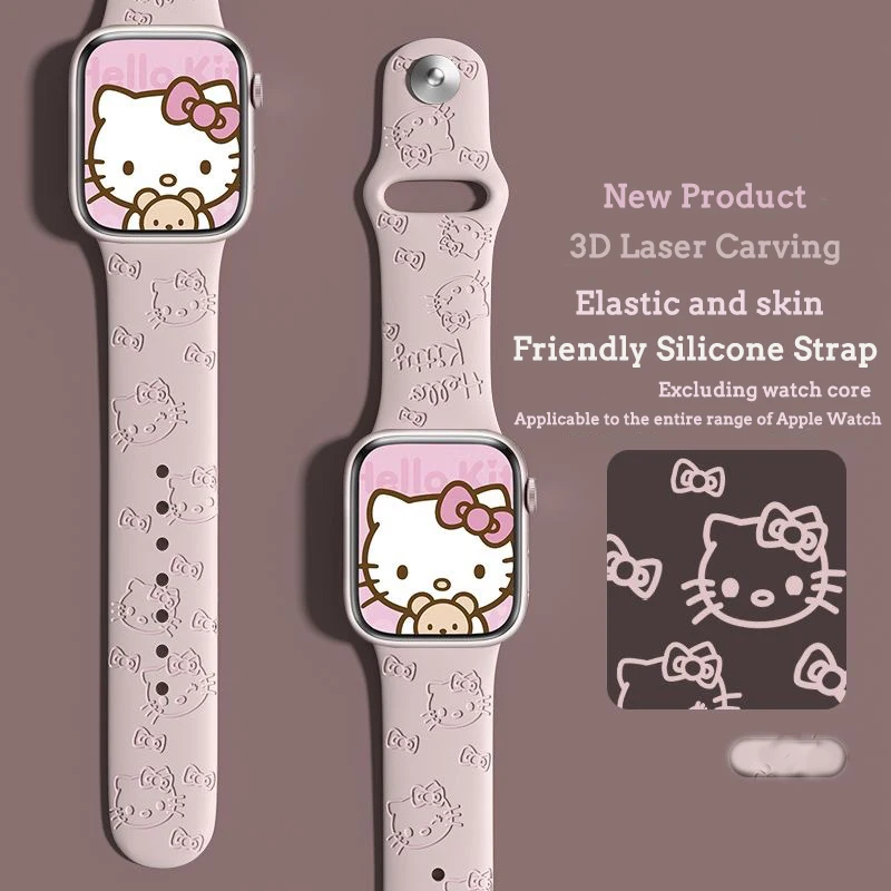 Kawaii Hello Kitty Silicone Apple Watch Strap Cartoon Skin Friendly I Watch Strap 45Mm 44Mm 42Mm 41Mm 38Mm 3D Incisione Laser
