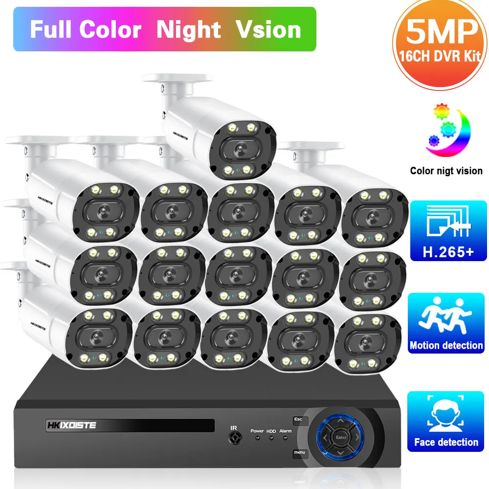 5Mp 16 Canali Ahd Cctv System Full Color Night Vision Security Camera Set 16Ch Dvr Kit H.265 Xmeye Dvr Sistema Di Sorveglianza