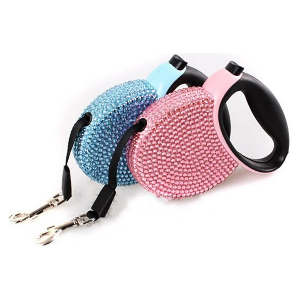 Guinzaglio Retrattile Per Animali Domestici Con Strass Bling Crystal Cat Puppy Dog Lead Pink Blue 3M Flat Line Drop Shipping