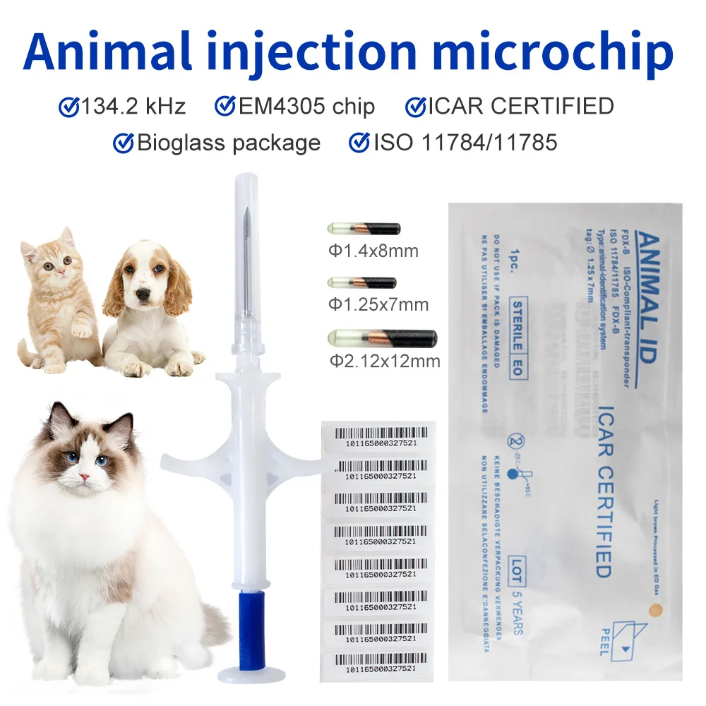 100 Confezioni Pet Em4305 Microchip 134.2Khz Fdx-B Chip Id Animale Siringa Microchip Animale Standard Internazionale